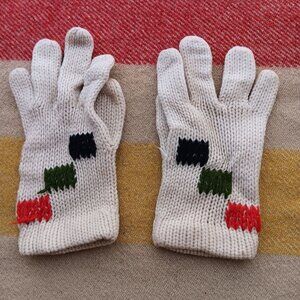 Vintage Girls Handmade Wool Knit Gloves With Red Green Black Pattern Design
